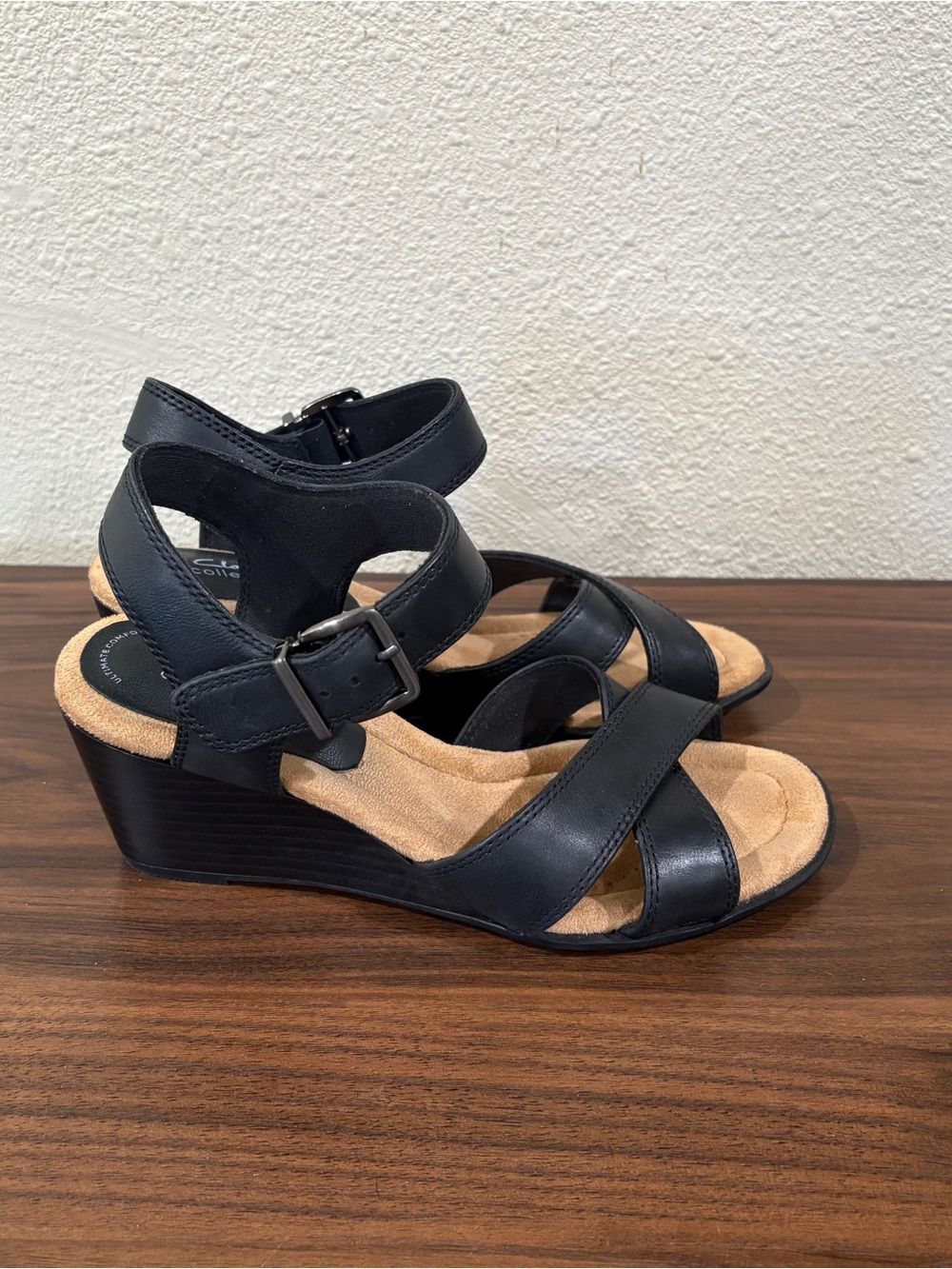 Black Leather Crisscross Wedge Sandals - Women's Comfort Heels - Picture 4 of 6